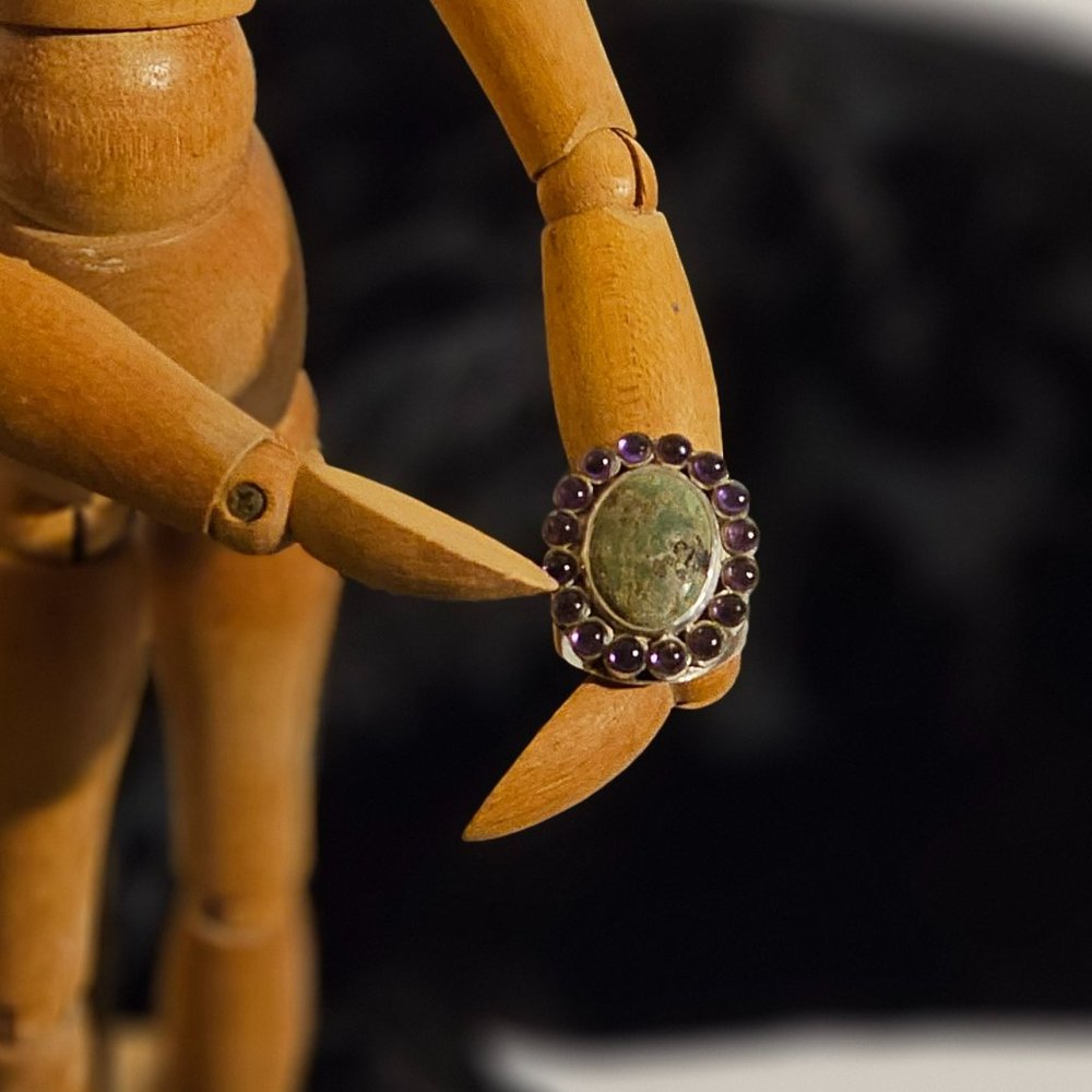 Vintage Sunburst Chrysocolla & Amethyst Ring